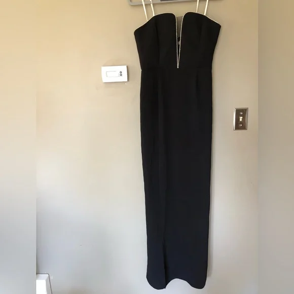 HALSTON HERITAGE Black + Silver Strapless Deep V Formal Maxi Gown Dress Size 6 - Picture 3 of 11